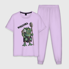 Мужская пижама хлопок с принтом Frogman в Тюмени, 100% хлопок | брюки и футболка прямого кроя, без карманов, на брюках мягкая резинка на поясе и по низу штанин
 | frog | green | staff | warrior | воин | жаба | зеленый | ил | посох