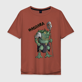 Мужская футболка хлопок Oversize с принтом Frogman в Санкт-Петербурге, 100% хлопок | свободный крой, круглый ворот, “спинка” длиннее передней части | Тематика изображения на принте: frog | green | staff | warrior | воин | жаба | зеленый | ил | посох