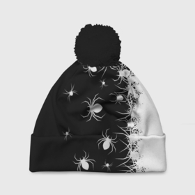 Шапка 3D c помпоном с принтом Пауки в Новосибирске, 100% полиэстер | универсальный размер, печать по всей поверхности изделия | black and white | dark | halloween | horror | spiders | жуки | клещ | краска | минимализм | монохромный | ночь | пауки | паутина | паучки | паучок | страшный | сумерки | темный | тьма | ужасы | уличный | хеллоуин | хоррор