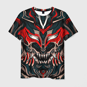 Мужская футболка 3D с принтом Черный самурай в Курске, 100% полиэфир | прямой крой, круглый вырез горловины, длина до линии бедер | абстракция | демон | монстр | орнамент | рисунок | самурай | череп
