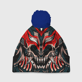 Шапка 3D c помпоном с принтом Черный самурай в Курске, 100% полиэстер | универсальный размер, печать по всей поверхности изделия | абстракция | демон | монстр | орнамент | рисунок | самурай | череп