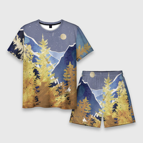 Мужской костюм с шортами 3D с принтом Золотой лес ,  |  | горы | елки | золотой | лес | луна | природа | путешественникам | путешествие