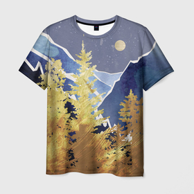 Мужская футболка 3D с принтом Золотой лес в Тюмени, 100% полиэфир | прямой крой, круглый вырез горловины, длина до линии бедер | горы | елки | золотой | лес | луна | природа | путешественникам | путешествие