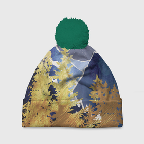 Шапка 3D c помпоном с принтом Золотой лес в Петрозаводске, 100% полиэстер | универсальный размер, печать по всей поверхности изделия | горы | елки | золотой | лес | луна | природа | путешественникам | путешествие