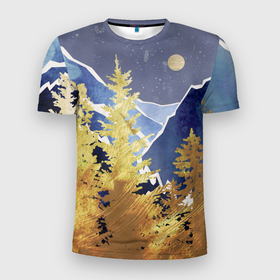 Мужская футболка 3D спортивная с принтом Золотой лес в Новосибирске, 100% полиэстер с улучшенными характеристиками | приталенный силуэт, круглая горловина, широкие плечи, сужается к линии бедра | горы | елки | золотой | лес | луна | природа | путешественникам | путешествие