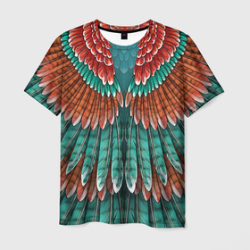 Мужская футболка 3D с принтом Оперение зимородка в Тюмени, 100% полиэфир | прямой крой, круглый вырез горловины, длина до линии бедер | бирюзовый | друид | зелёный | зимородок | индеец | оперение | оранжевый | пернатый | перо | перья | природа | птица | рыжий | сон