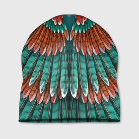 Шапка 3D с принтом Оперение зимородка в Тюмени, 100% полиэстер | универсальный размер, печать по всей поверхности изделия | бирюзовый | друид | зелёный | зимородок | индеец | оперение | оранжевый | пернатый | перо | перья | природа | птица | рыжий | сон