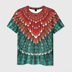 Мужская футболка 3D с принтом Оперение зимородка (2) в Тюмени, 100% полиэфир | прямой крой, круглый вырез горловины, длина до линии бедер | бирюзовый | друид | зелёный | зимородок | индеец | оперение | оранжевый | пернатый | перо | перья | природа | птица | рыжий | сон