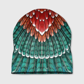Шапка 3D с принтом Оперение зимородка (2) в Курске, 100% полиэстер | универсальный размер, печать по всей поверхности изделия | бирюзовый | друид | зелёный | зимородок | индеец | оперение | оранжевый | пернатый | перо | перья | природа | птица | рыжий | сон