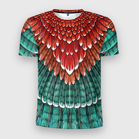Мужская футболка 3D Slim с принтом Оперение зимородка красно бирюзовое в Санкт-Петербурге, 100% полиэстер с улучшенными характеристиками | приталенный силуэт, круглая горловина, широкие плечи, сужается к линии бедра | бирюзовый | друид | зелёный | зимородок | индеец | оперение | оранжевый | пернатый | перо | перья | природа | птица | рыжий | сон