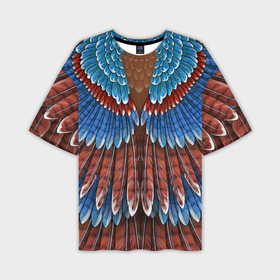 Мужская футболка oversize 3D с принтом Оперение: сойка ,  |  | Тематика изображения на принте: feathers | plumage | друид | индеец | коричневый | оперение | орёл | пернатый | перо | перья | природа | птица | синий | сойка | сон