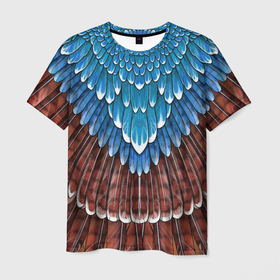Мужская футболка 3D с принтом оперение сойка (2) в Новосибирске, 100% полиэфир | прямой крой, круглый вырез горловины, длина до линии бедер | feathers | plumage | друид | индеец | коричневый | оперение | орёл | пернатый | перо | перья | природа | птица | синий | сойка | сон