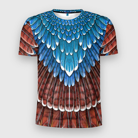 Мужская футболка 3D Slim с принтом оперение: сойка (2) в Санкт-Петербурге, 100% полиэстер с улучшенными характеристиками | приталенный силуэт, круглая горловина, широкие плечи, сужается к линии бедра | feathers | plumage | друид | индеец | коричневый | оперение | орёл | пернатый | перо | перья | природа | птица | синий | сойка | сон