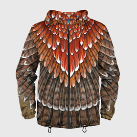 Мужская ветровка 3D с принтом оперение орел (2) в Екатеринбурге, 100% полиэстер | подол и капюшон оформлены резинкой с фиксаторами, два кармана без застежек по бокам, один потайной карман на груди | feathers | plumage | бурый | друид | индеец | коричневый | оперение | оранжевый | орёл | пернатый | перо | перья | природа | птица | рыжий | сова | сон | ястреб