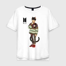 Мужская футболка хлопок Oversize с принтом BTS Cat , 100% хлопок | свободный крой, круглый ворот, “спинка” длиннее передней части | Тематика изображения на принте: bts | k pop | kpop | rm | аниме | бтс | ви | джей хоуп | джонгук | кпоп | сюга | чимин | чин | япония