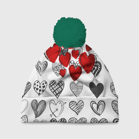 Шапка 3D c помпоном с принтом Сердца в Новосибирске, 100% полиэстер | универсальный размер, печать по всей поверхности изделия | 14 февраля | hearts background | валентинов день | влюбленным | девушке | день святого валентина | жене | кардиологу | любимой | любимому | люблю | любовь | мужу | парню | сердца графика | сердца фон
