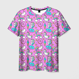 Мужская футболка 3D с принтом Единороги и пончики в Новосибирске, 100% полиэфир | прямой крой, круглый вырез горловины, длина до линии бедер | девочке | девчачья | детская | детство | единороги | звездочки | милая | пончики | радуга | сладости