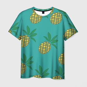 Мужская футболка 3D с принтом Ананасы в Петрозаводске, 100% полиэфир | прямой крой, круглый вырез горловины, длина до линии бедер | ананас | желтый | зеленый | летний | паттерн | подарок | простой | тропический | узор | фрукт