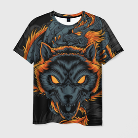 Мужская футболка 3D с принтом Волк и дракон в Курске, 100% полиэфир | прямой крой, круглый вырез горловины, длина до линии бедер | абстракция | волк | голова | демон | дракон | змей | клыки | монстр | огонь | орнамент | рисунок