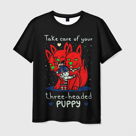 Мужская футболка 3D с принтом Hades Загрей и милый цербер в Петрозаводске, 100% полиэфир | прямой крой, круглый вырез горловины, длина до линии бедер | cerber | game | hades | the hades | zagrey | аид | загрей | собака | собачка | хейдес | цербер