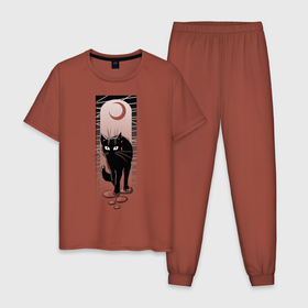 Мужская пижама хлопок с принтом Цветная луна в Петрозаводске, 100% хлопок | брюки и футболка прямого кроя, без карманов, на брюках мягкая резинка на поясе и по низу штанин
 | Тематика изображения на принте: cat | moon | арка | глаза | кот | кошка | луна