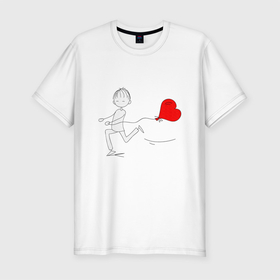 Мужская футболка хлопок Slim с принтом Бегу к тебе в Курске, 92% хлопок, 8% лайкра | приталенный силуэт, круглый вырез ворота, длина до линии бедра, короткий рукав | Тематика изображения на принте: люблю | парные | сердце | шары воздушные