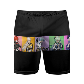Мужские шорты спортивные с принтом Genshin Impact - Полоса ,  |  | genshin impact | анимэ | все персонажи | геншин | герои genshin | игра | квадраты | компьютерная | магический | персонаж | подарок | черный