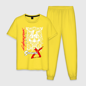 Мужская пижама хлопок с принтом CYBERPUNK 2077 в Петрозаводске, 100% хлопок | брюки и футболка прямого кроя, без карманов, на брюках мягкая резинка на поясе и по низу штанин
 | cd project red | cyberpunk 2077 | keanu reeves | samurai | киану ривз | киберпанк 2077 | самураи