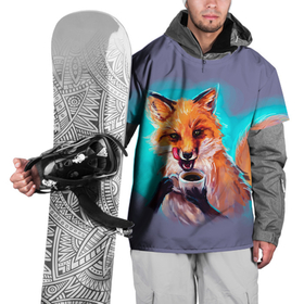 Накидка на куртку 3D с принтом Лиса с кофе в Тюмени, 100% полиэстер |  | fox | foxy | животное | звери | лиса | лисенок | лисичка | милая | рыжая | фокс