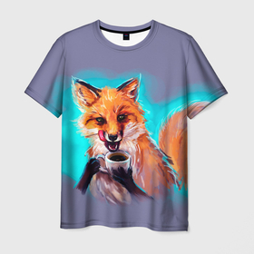 Мужская футболка 3D с принтом Лиса с кофе в Санкт-Петербурге, 100% полиэфир | прямой крой, круглый вырез горловины, длина до линии бедер | fox | foxy | животное | звери | лиса | лисенок | лисичка | милая | рыжая | фокс
