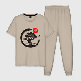 Мужская пижама хлопок с принтом Бонсай Дзен круг Энсо в Курске, 100% хлопок | брюки и футболка прямого кроя, без карманов, на брюках мягкая резинка на поясе и по низу штанин
 | bonsai | enso | japan | japanese | samurai | zen | буддизм | буддист | дерево | дзен буддизм | знак | каллиграфический символ | каллиграфия | круг | культура | первоначальное лицо | полная луна | просветление | самурай