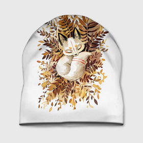 Шапка 3D с принтом Лисичка спит в листьях , 100% полиэстер | универсальный размер, печать по всей поверхности изделия | fox | лиса | лиса и лес | лисенок | лисица | лисичка | лисы | с лисичкой | с лисой