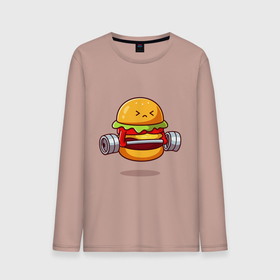 Мужской лонгслив хлопок с принтом Бургер на спорте , 100% хлопок |  | булки | бургер | бутерброд | мясо | рисунок | спорт | штанга
