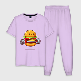 Мужская пижама хлопок с принтом Бургер на спорте в Белгороде, 100% хлопок | брюки и футболка прямого кроя, без карманов, на брюках мягкая резинка на поясе и по низу штанин
 | Тематика изображения на принте: булки | бургер | бутерброд | мясо | рисунок | спорт | штанга