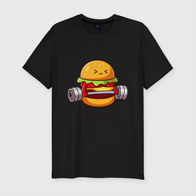 Мужская футболка хлопок Slim с принтом Бургер на спорте , 92% хлопок, 8% лайкра | приталенный силуэт, круглый вырез ворота, длина до линии бедра, короткий рукав | булки | бургер | бутерброд | мясо | рисунок | спорт | штанга