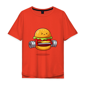 Мужская футболка хлопок Oversize с принтом Бургер на спорте в Санкт-Петербурге, 100% хлопок | свободный крой, круглый ворот, “спинка” длиннее передней части | булки | бургер | бутерброд | мясо | рисунок | спорт | штанга