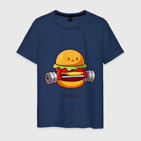 Мужская футболка хлопок с принтом Бургер на спорте в Кировске, 100% хлопок | прямой крой, круглый вырез горловины, длина до линии бедер, слегка спущенное плечо. | булки | бургер | бутерброд | мясо | рисунок | спорт | штанга
