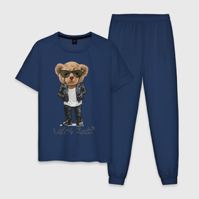 Мужская пижама хлопок с принтом Мишка рокер в Екатеринбурге, 100% хлопок | брюки и футболка прямого кроя, без карманов, на брюках мягкая резинка на поясе и по низу штанин
 | Тематика изображения на принте: lets | rock | джинсы | куртка | мишка | очки | плюшевый | рок | фраза