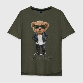 Мужская футболка хлопок Oversize с принтом Мишка рокер в Белгороде, 100% хлопок | свободный крой, круглый ворот, “спинка” длиннее передней части | Тематика изображения на принте: lets | rock | джинсы | куртка | мишка | очки | плюшевый | рок | фраза