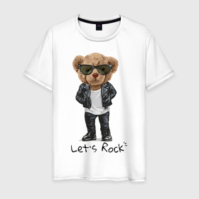 Мужская футболка хлопок с принтом Мишка рокер , 100% хлопок | прямой крой, круглый вырез горловины, длина до линии бедер, слегка спущенное плечо. | lets | rock | джинсы | куртка | мишка | очки | плюшевый | рок | фраза