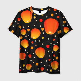 Мужская футболка 3D с принтом Sky Lanterns в Санкт-Петербурге, 100% полиэфир | прямой крой, круглый вырез горловины, длина до линии бедер | lanterns festival | sky lanterns | небесные фонарики | фестиваль фонариков