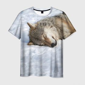 Мужская футболка 3D с принтом Спящий Волк в Тюмени, 100% полиэфир | прямой крой, круглый вырез горловины, длина до линии бедер | animals | wolf | волк | волки | животные | звери | зверь | одиночество | одиночка | пёс | собака | спящий волк
