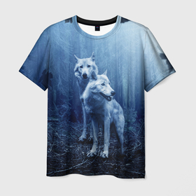 Мужская футболка 3D с принтом Волки в Петрозаводске, 100% полиэфир | прямой крой, круглый вырез горловины, длина до линии бедер | animals | wolf | волк | волки | животные | звери | зверь | луна | одиночество | одиночка | пёс | собака