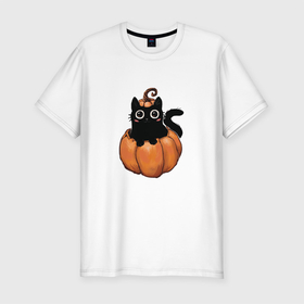 Мужская футболка хлопок Slim с принтом Кот в тыкве в Курске, 92% хлопок, 8% лайкра | приталенный силуэт, круглый вырез ворота, длина до линии бедра, короткий рукав | котик в тыкве | кошка | милый котенок | тыква | хеллоуин | черный кот