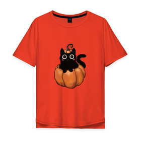 Мужская футболка хлопок Oversize с принтом Кот в тыкве в Белгороде, 100% хлопок | свободный крой, круглый ворот, “спинка” длиннее передней части | Тематика изображения на принте: котик в тыкве | кошка | милый котенок | тыква | хеллоуин | черный кот