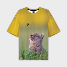 Мужская футболка oversize 3D с принтом Лисенок  и пчелка в Санкт-Петербурге,  |  | fox | foxy | животное | звери | лиса | лисенок | лисичка | милая | рыжая | фокс