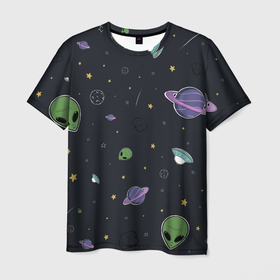 Мужская футболка 3D с принтом Space в Санкт-Петербурге, 100% полиэфир | прямой крой, круглый вырез горловины, длина до линии бедер | звезды | комета | метеориты | нло | планеты | пришелец