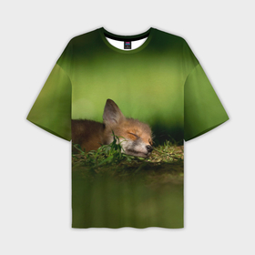 Мужская футболка oversize 3D с принтом Сонный лисенок в Санкт-Петербурге,  |  | fox | foxy | животное | звери | лиса | лисенок | лисичка | милая | рыжая | фокс