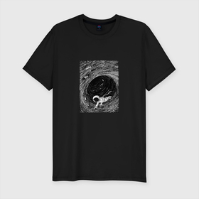 Мужская футболка хлопок Slim с принтом Чёрная дыра , 92% хлопок, 8% лайкра | приталенный силуэт, круглый вырез ворота, длина до линии бедра, короткий рукав | Тематика изображения на принте: арт | астрономия | вихрь | космос | рисунок | человек | чёрная дыра.космонавт