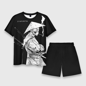 Мужской костюм с шортами 3D с принтом Самурай скелет с трубкой в Санкт-Петербурге,  |  | ninja | samurai | shogun | бусидо путь воина | ниндзя | путь самурая | самурай | сёгун | скелет | харакири | японский самурай